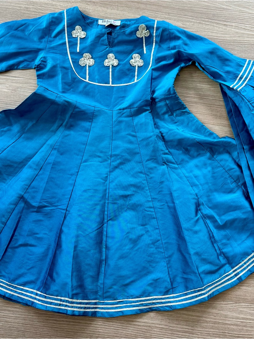 Blue Girls' Pleated Dress with Silver Floral Trim size 7-8Y